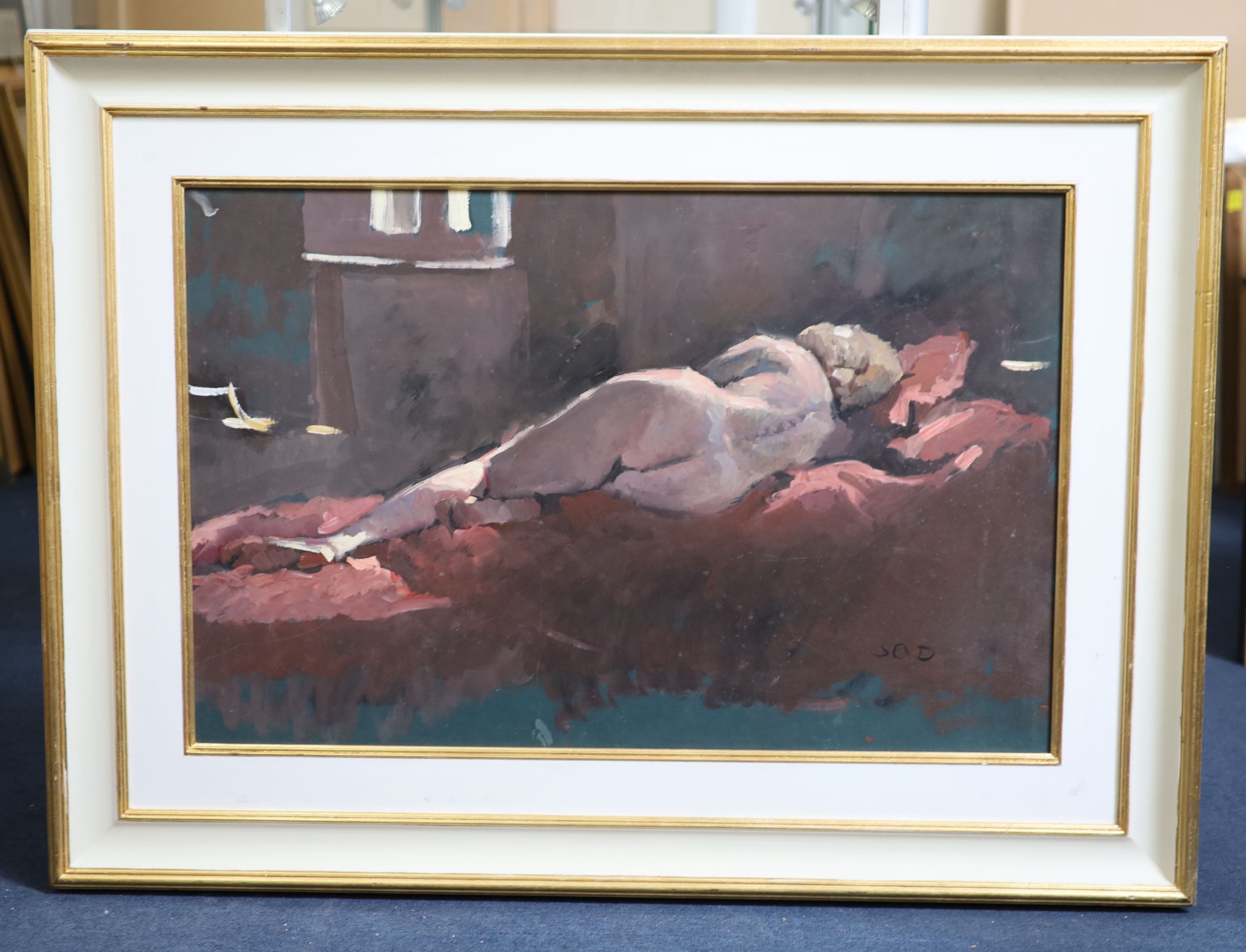 Sherree Valentine Daines (1959-), Reclining female nude, Oil on board, 52 x 80cm.